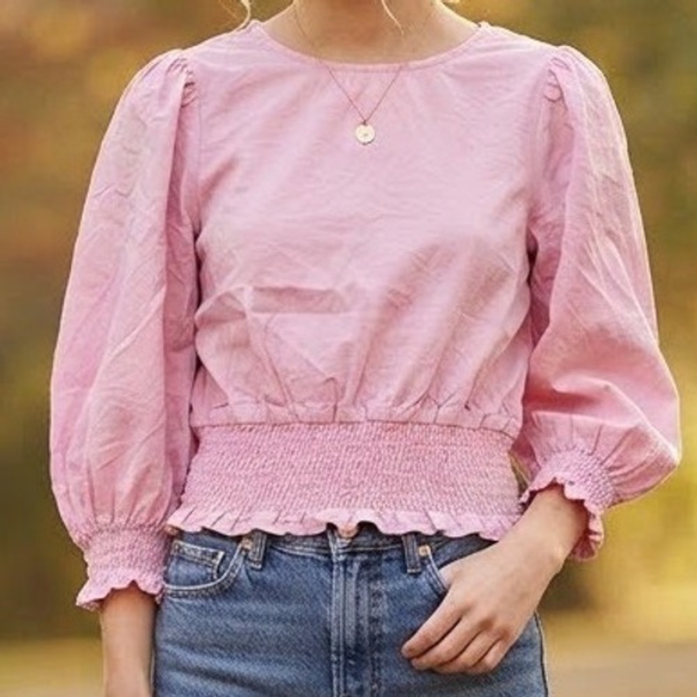 Open Edit Pink Smocked Waist Puff Sleeve Blouse Top Large